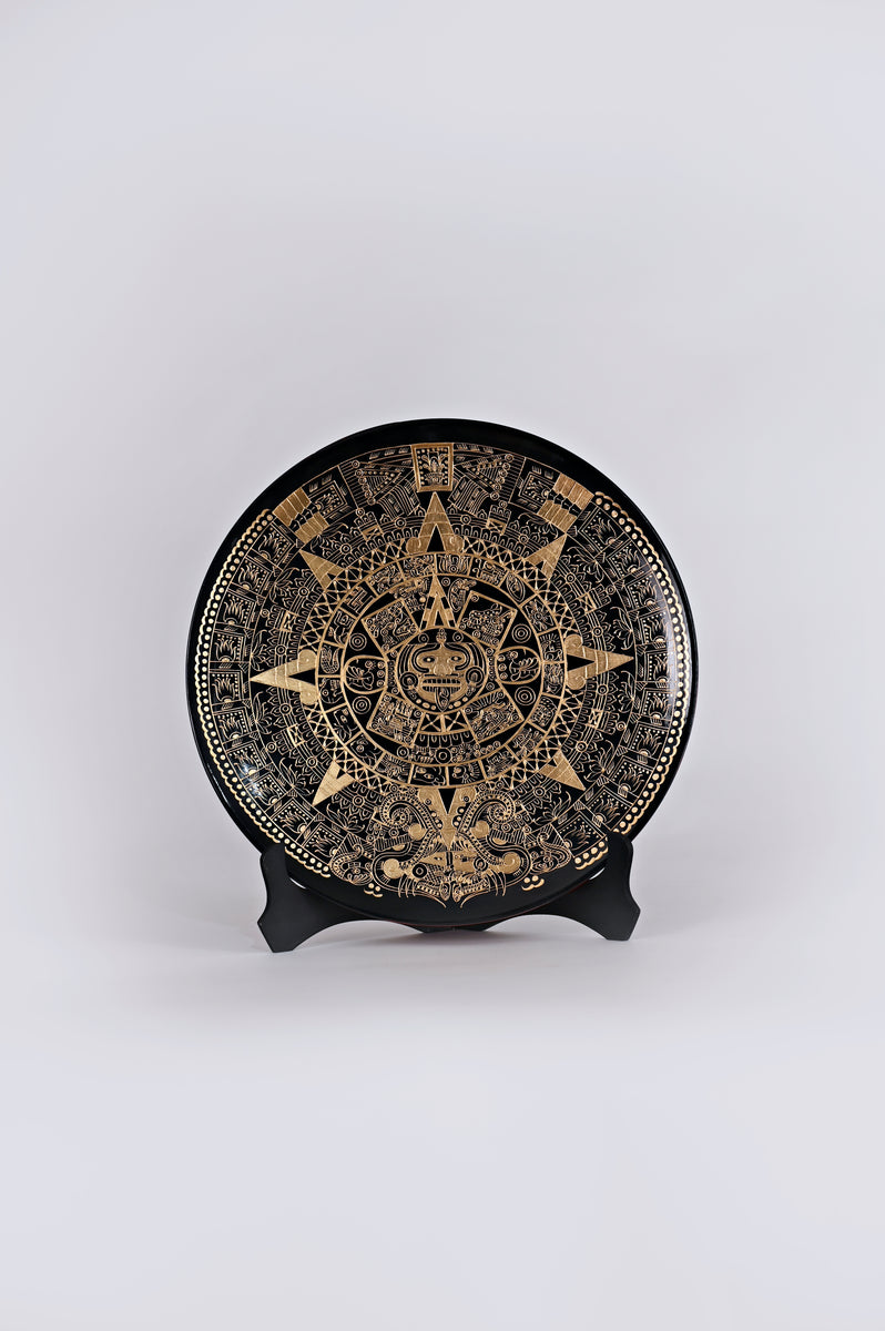 Aztec Calendar - Hand-Painted Mexican Decorative Plate with Gold