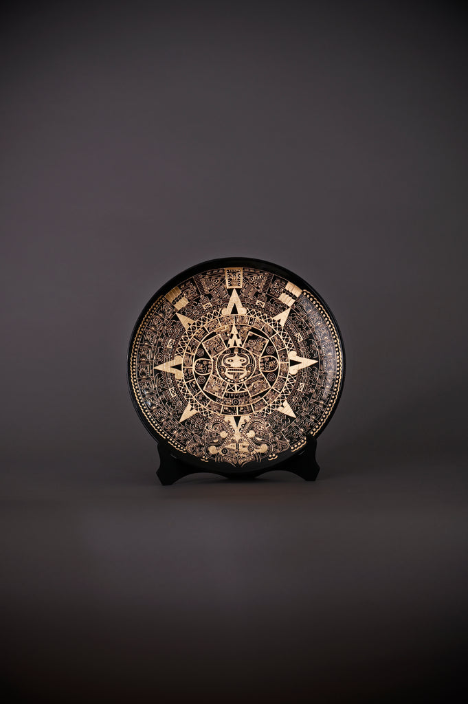 Aztec Calendar - Hand-Painted Mexican Decorative Plate with Gold Leaf from Pátzcuaro, Michoacán