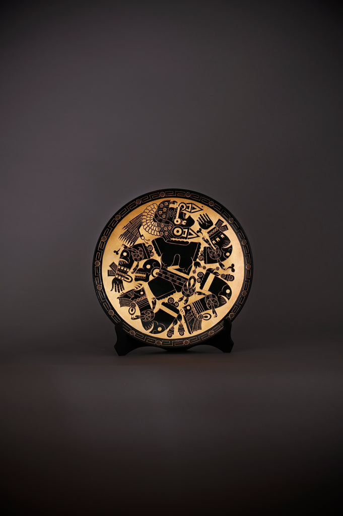 Aztec Moon Goddess - Hand-Painted Mexican Decorative Plate with Gold Leaf from Pátzcuaro, Michoacán