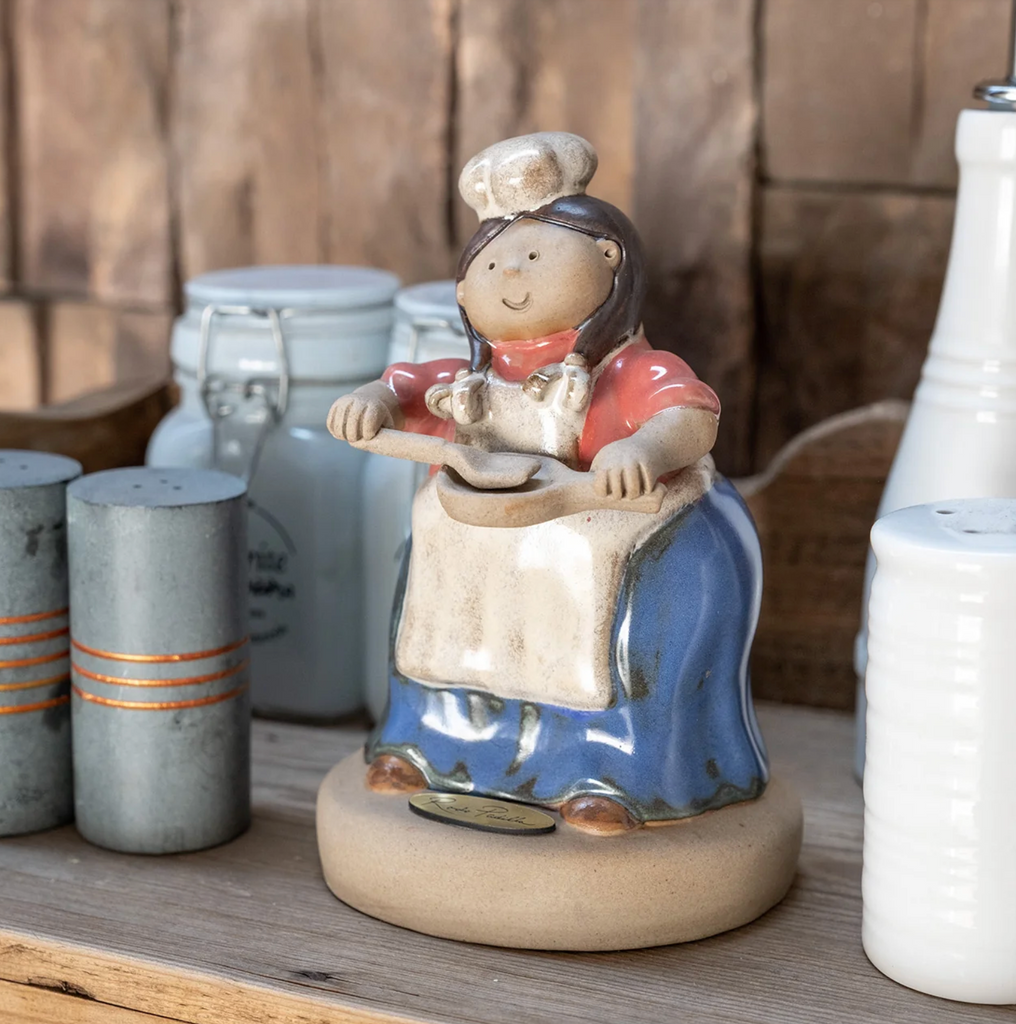 Chef Mujer handmade ceramic sculpture by Rodo Padilla featuring a female chef, handcrafted and hand-painted in Mexico, celebrating authentic Mexican folk art.